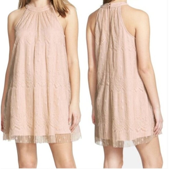 ASTR Sheath Mini Dress Womens XS Boho Fairy Ethereal Blush Pink Sheer Lace - Picture 1 of 8